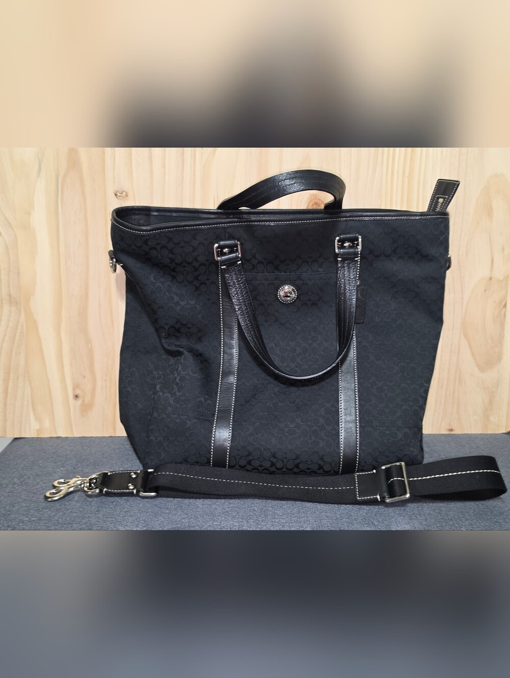 Large Coach Black Signature Tote Bag with Leather Trim